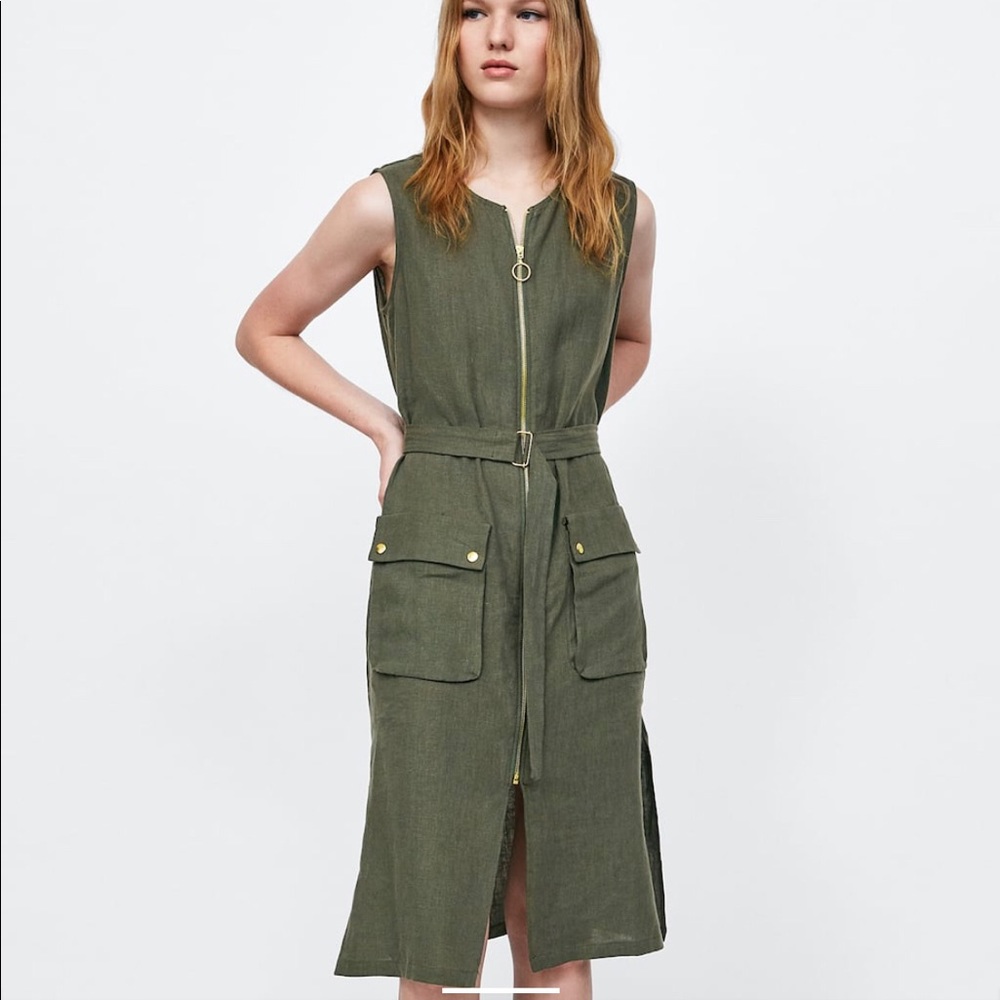 NWT Zara Olive Green Front Zip Linen Belted Dress